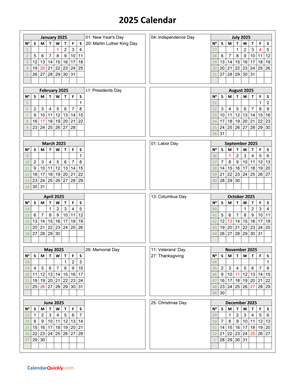 Holidays Calendar 2025 Vertical