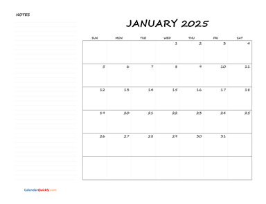 January Blank Calendar 2025 with Notes