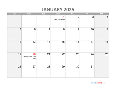 January Calendar 2025 with Holidays