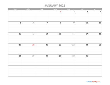 January Calendar 2025 Printable