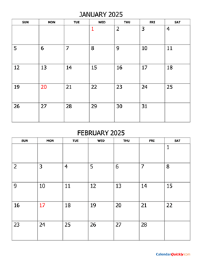 January and February 2025 Calendar Vertical