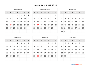 January to June 2025 Calendar Horizontal