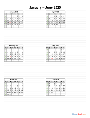 January to June 2025 Calendar Vertical