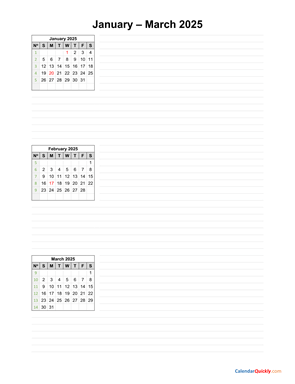 January to March 2025 Calendar with Notes