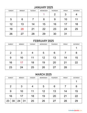 January to March 2025 Calendar Vertical