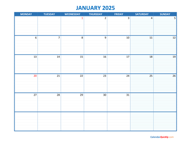 January Monday 2025 Blank Calendar