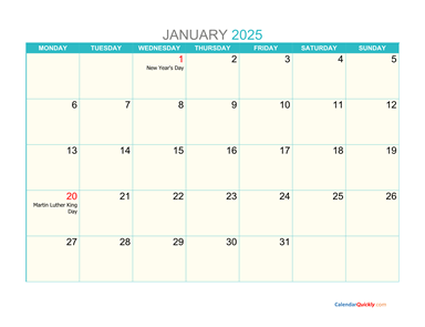 January Monday 2025 Calendar Printable