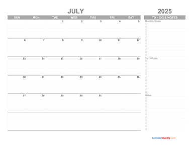 July 2025 Calendar with To-Do List