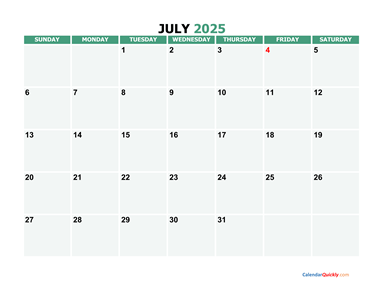 July 2025 Printable Calendar