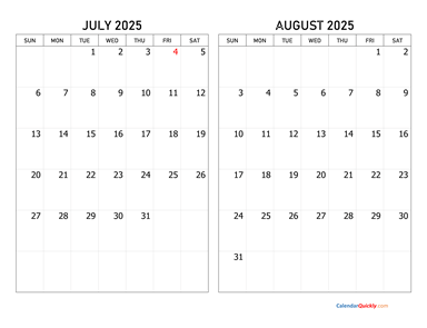 July and August 2025 Calendar Horizontal