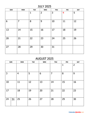 July and August 2025 Calendar Vertical