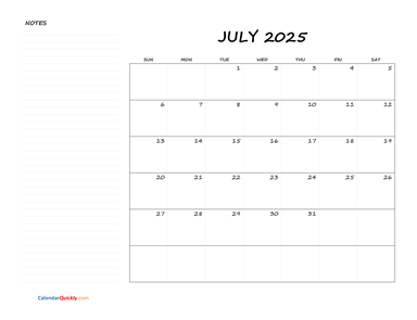 July Blank Calendar 2025 with Notes