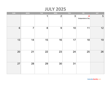 July Calendar 2025 with Holidays