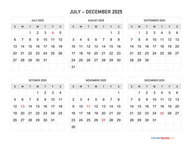 July to December 2025 Calendar Horizontal