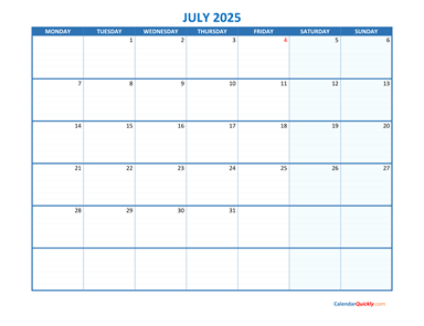 July Monday 2025 Blank Calendar