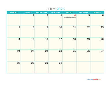 July Monday 2025 Calendar Printable