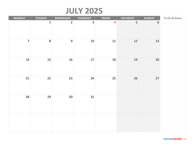 July Monday Calendar 2025 with Notes