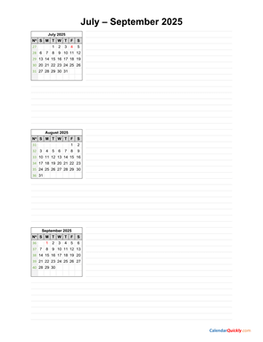 July to September 2025 Calendar with Notes