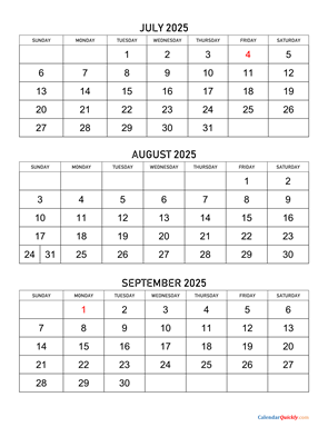 July to September 2025 Calendar Vertical