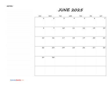 June Blank Calendar 2025 with Notes