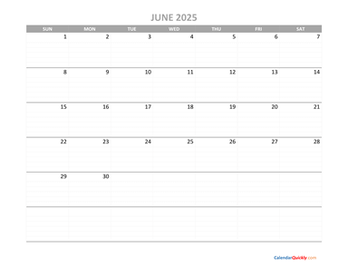 June Calendar 2025 Printable