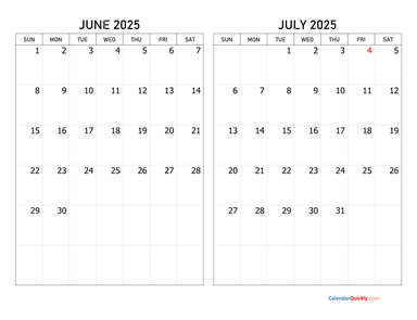 June and July 2025 Calendar Horizontal