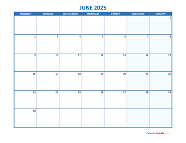 June Monday 2025 Blank Calendar