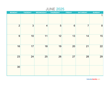 June Monday 2025 Calendar Printable