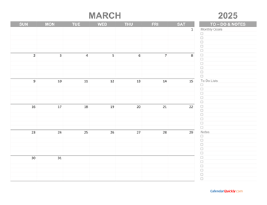 March 2025 Calendar with To-Do List