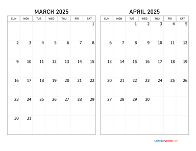 March and April 2025 Calendar Horizontal