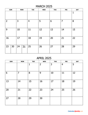 March and April 2025 Calendar Vertical