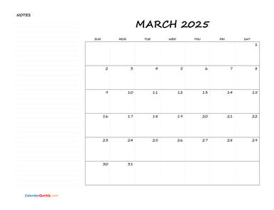 March Blank Calendar 2025 with Notes