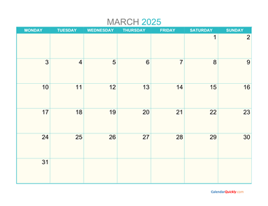 March Monday 2025 Calendar Printable