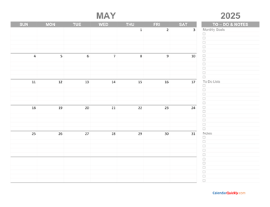 May 2025 Calendar with To-Do List