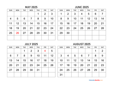 May to August 2025 Calendar