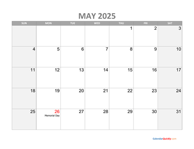 May Calendar 2025 with Holidays