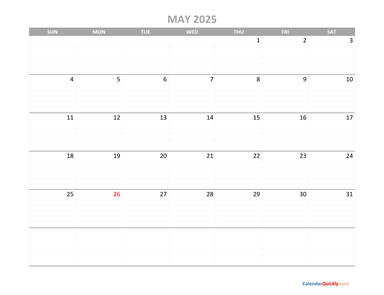 May Calendar 2025 Printable