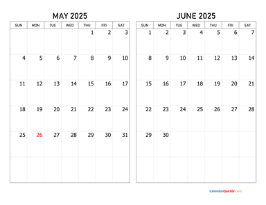 May and June 2025 Calendar Horizontal