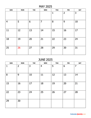 May and June 2025 Calendar Vertical