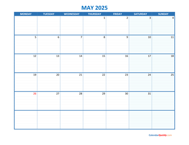 May Monday 2025 Blank Calendar