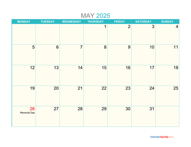 May Monday 2025 Calendar Printable