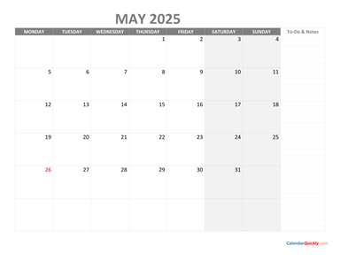 May Monday Calendar 2025 with Notes