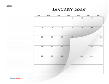 Monthly Blank Calendar 2025 with Notes