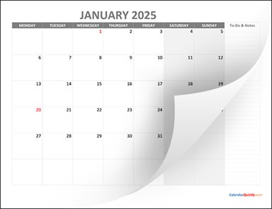 Monthly Monday Calendar 2025 with Notes