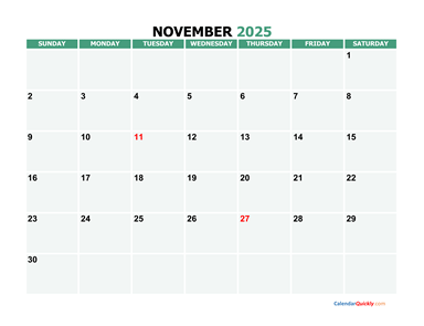 November 2025 Printable Calendar