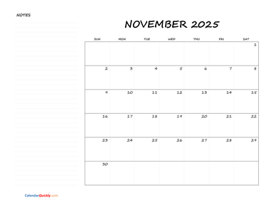 November Blank Calendar 2025 with Notes