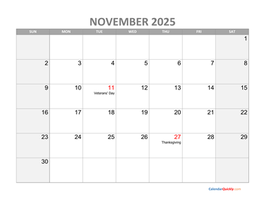 November Calendar 2025 with Holidays