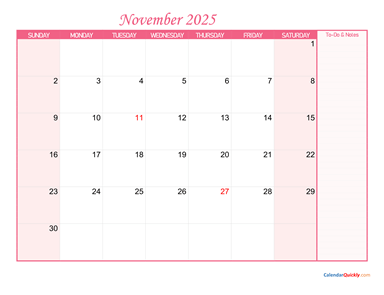 November Calendar 2025 with Notes