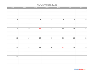 November Calendar 2025 Printable