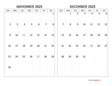 November and December 2025 Calendar Horizontal